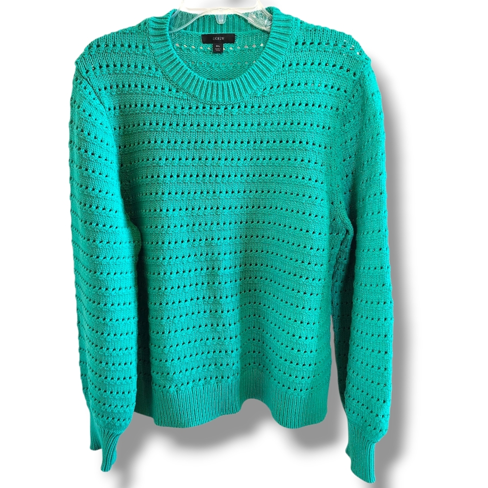 J. Crew Green Pointelle Cotton Blend Crewneck Puff Sleeve Sweater XL